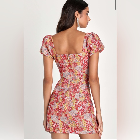 Lulus Sweetest Essence Blush Floral Jacquard Puff Sleeve Mini Cocktail Dress - Picture 4 of 8
